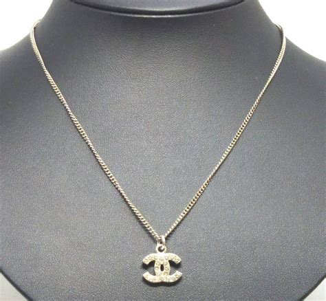 chanel silver tone double loop rhinestone necklace|Chanel chain necklace.